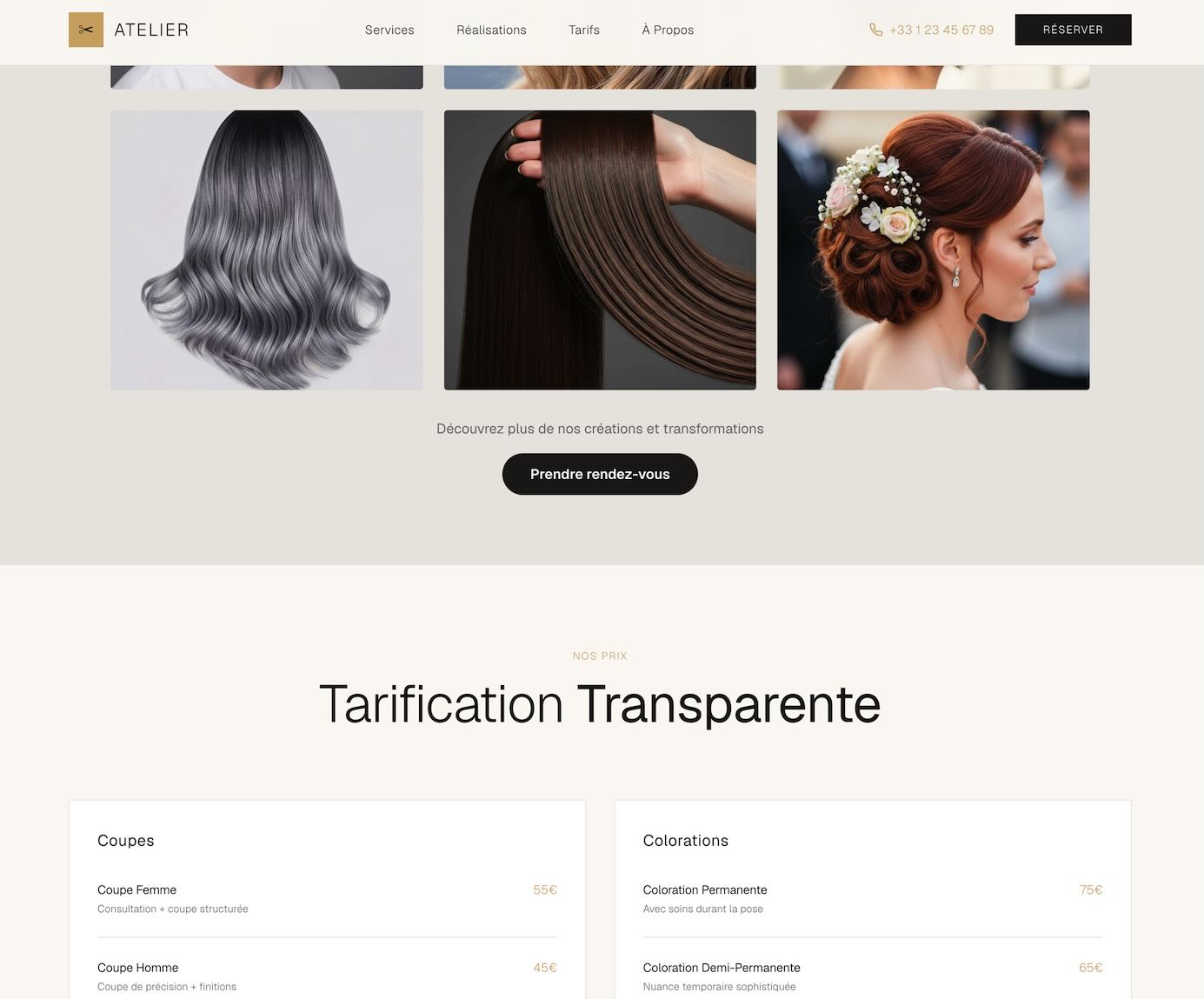 Projet de Site Vitrine & Services : Concept Salon de Coiffure / Beauté. Design élégant dédié aux salons de coiffure, instituts de beauté ou barbiers. Back office avec gestion des prestations, services et horaires.