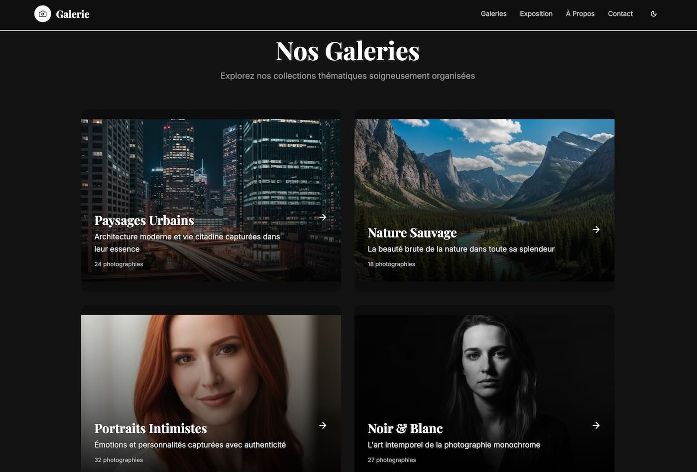 Projet de Portfolio & Galerie : Concept Galerie Photo en ligne. Interface épurée pour photographes ou artistes. Optimisée pour l'affichage de médias en haute qualité. Back office avec gestion des galeries, des images et des évenements / actualités.