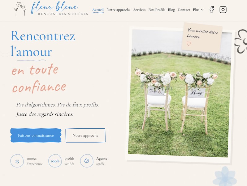 Projet de Agence de rencontre : Agence Fleur Bleue. Site vitrine & gestion de contenu pour agence de rencontre.