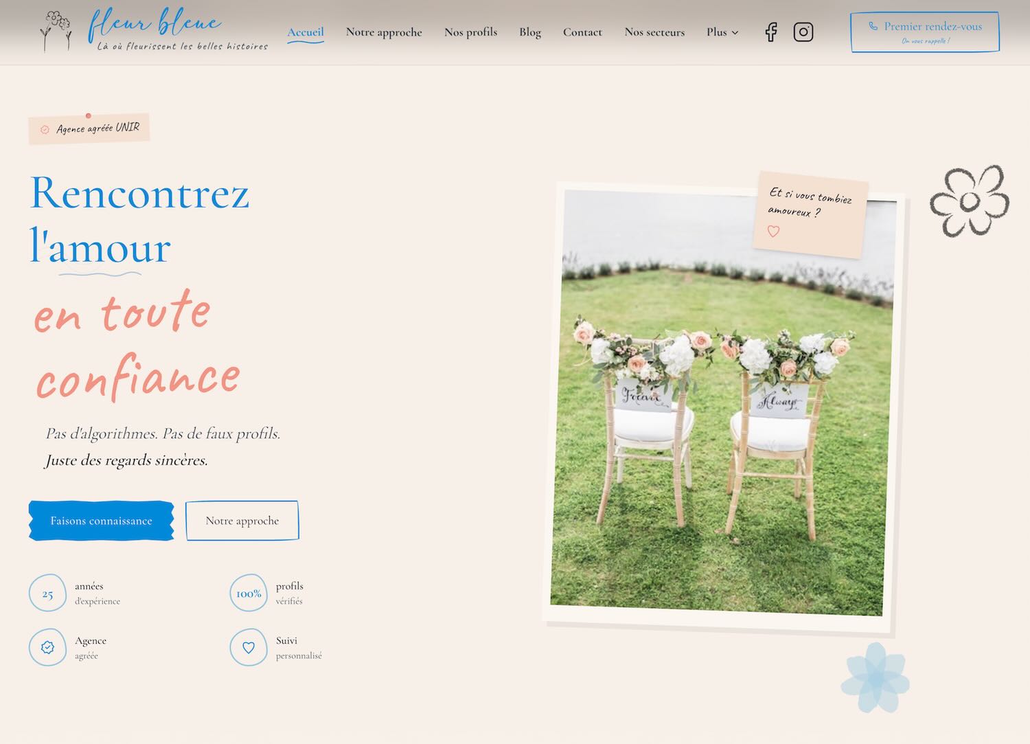 Projet de Agence de rencontre : Agence Fleur Bleue. Site vitrine & gestion de contenu pour agence de rencontre.
