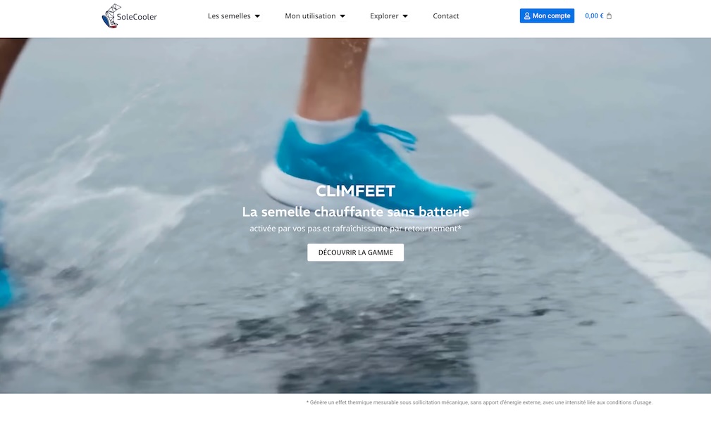 Projet de E-commerce : Solecooler. Site e-commerce pour semelle novatrice auto refroidissante et/ou chauffante.